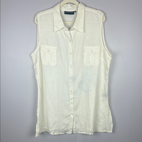 Carlie's Court 100% Linen White Cream Sleeveless Notched Collar Tunic - Picture 2 of 8